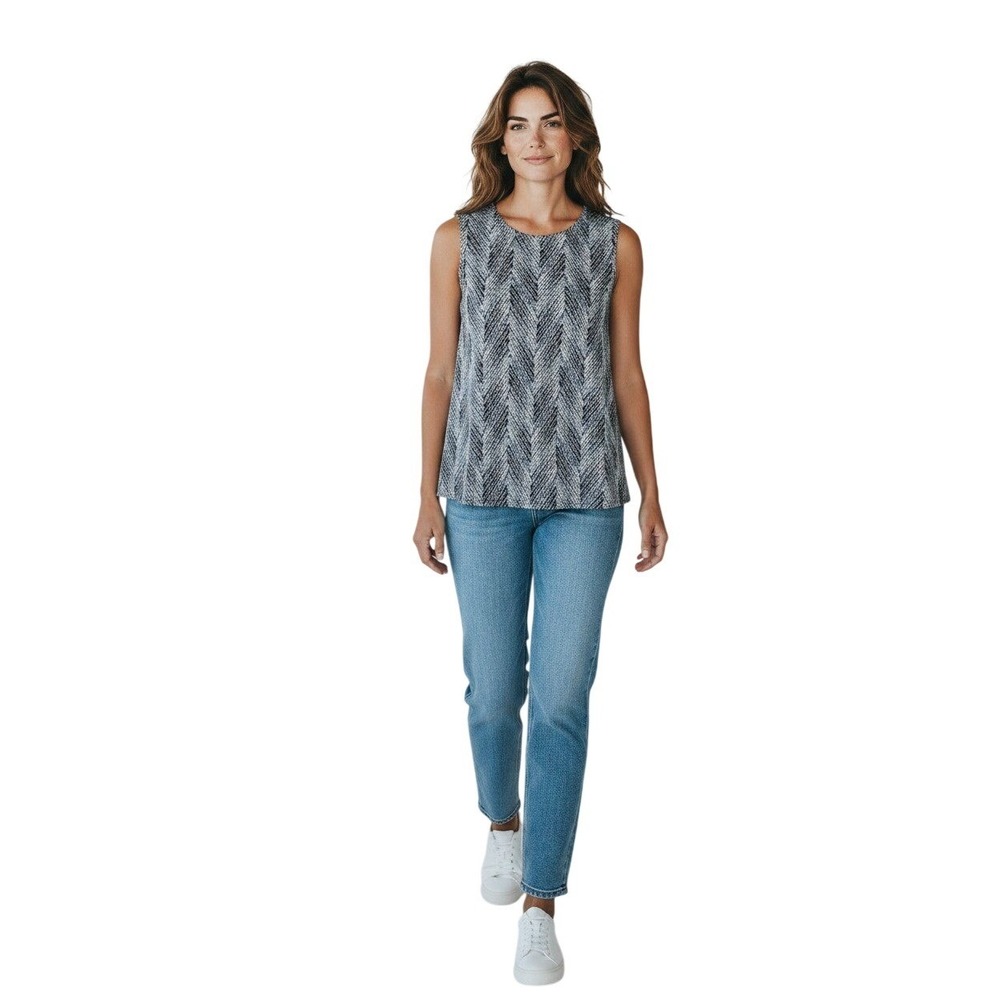Calvin Klein Blue Black Geometric Chevron Pleat Neck Shell Blouse-Womens Large